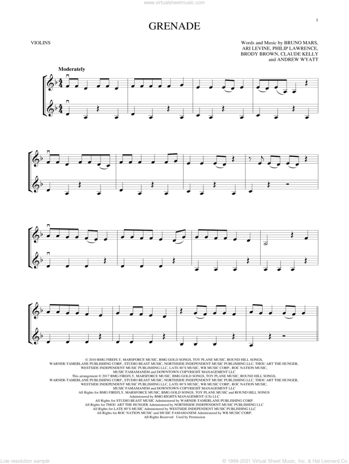Grenade sheet music for two violins (duets, violin duets) by Bruno Mars, Andrew Wyatt, Ari Levine, Brody Brown, Claude Kelly and Philip Lawrence, intermediate skill level