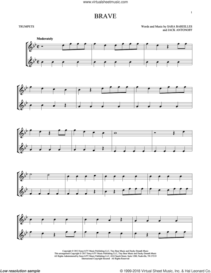 Brave sheet music for two trumpets (duet, duets) by Sara Bareilles and Jack Antonoff, intermediate skill level