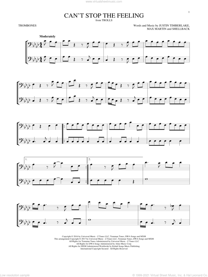 Can't Stop The Feeling sheet music for two trombones (duet, duets) by Justin Timberlake, Johan Schuster, Max Martin and Shellback, intermediate skill level