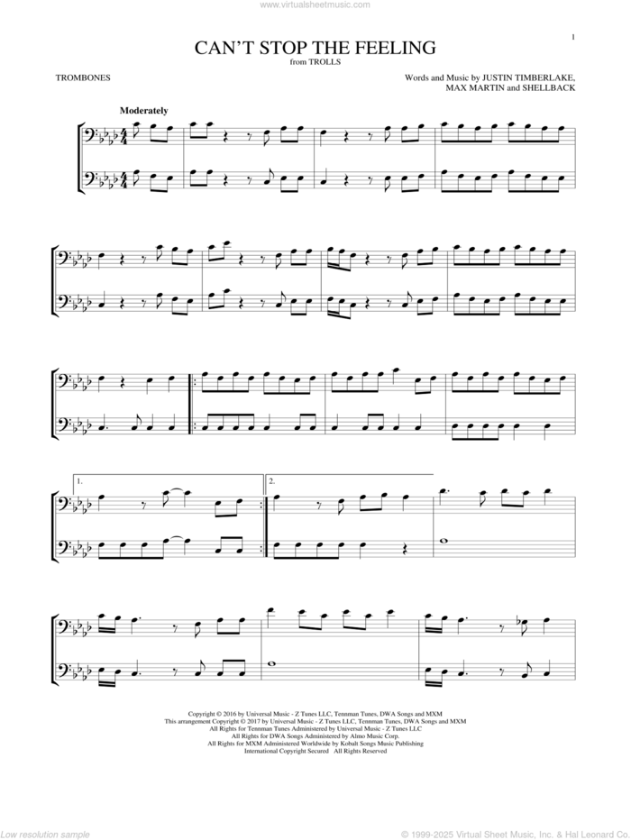 Can't Stop The Feeling sheet music for two trombones (duet, duets) by Justin Timberlake, Johan Schuster, Max Martin and Shellback, intermediate skill level