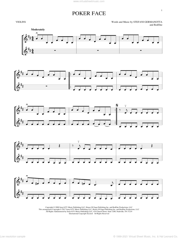 Poker Face sheet music for two violins (duets, violin duets) by Lady Gaga and RedOne, intermediate skill level