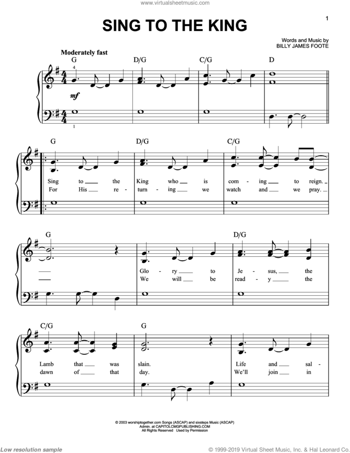 Sing To The King sheet music for piano solo by Billy Foote, easy skill level