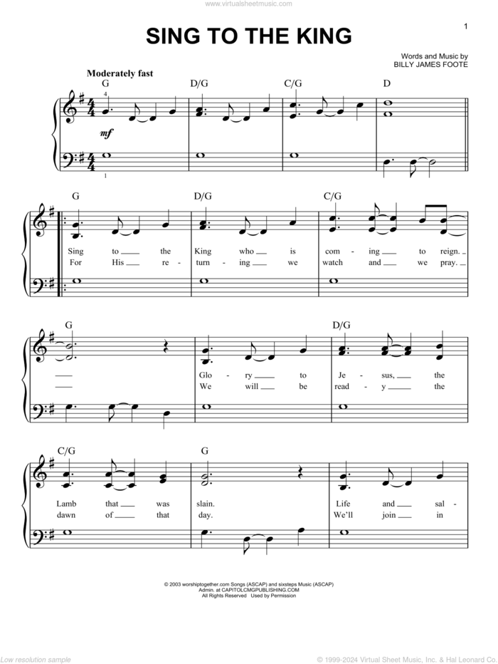 Sing To The King, (easy) sheet music for piano solo by Billy Foote, easy skill level