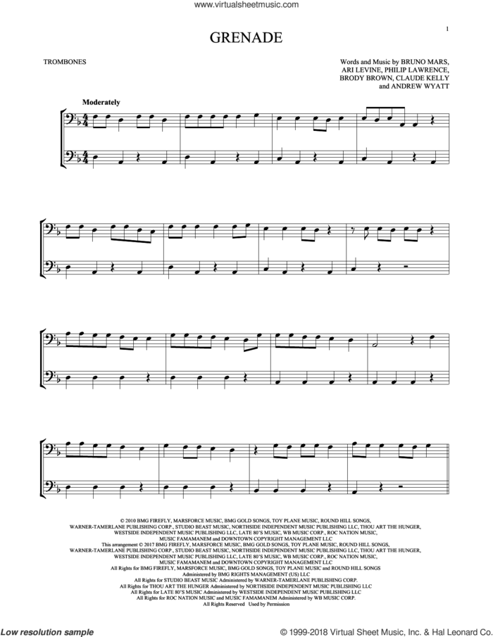 Grenade sheet music for two trombones (duet, duets) by Bruno Mars, Andrew Wyatt, Ari Levine, Brody Brown, Claude Kelly and Philip Lawrence, intermediate skill level