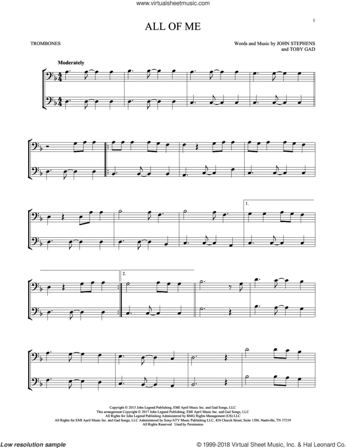 All Of Me sheet music for two trombones (duet, duets) by John Legend, John Stephens and Toby Gad, wedding score, intermediate skill level