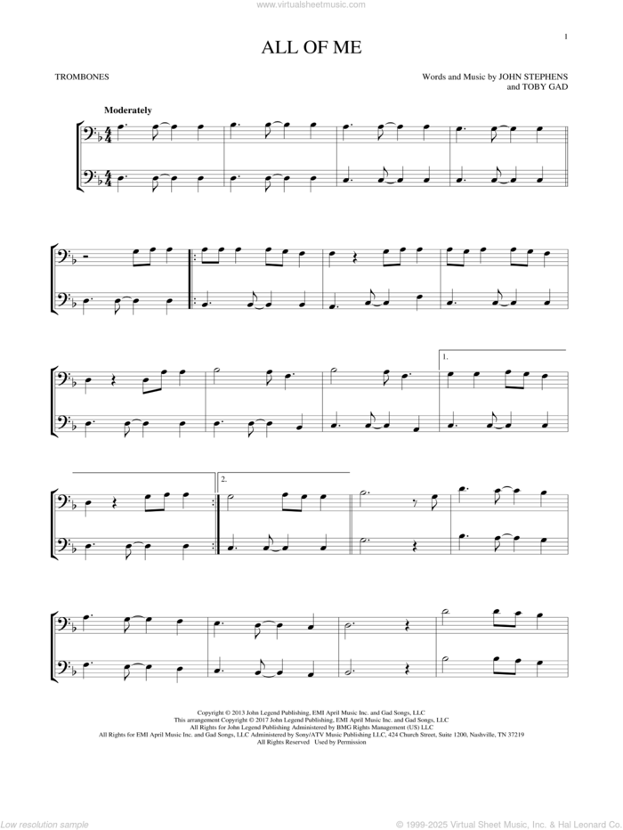 All Of Me sheet music for two trombones (duet, duets) by John Legend, John Stephens and Toby Gad, wedding score, intermediate skill level