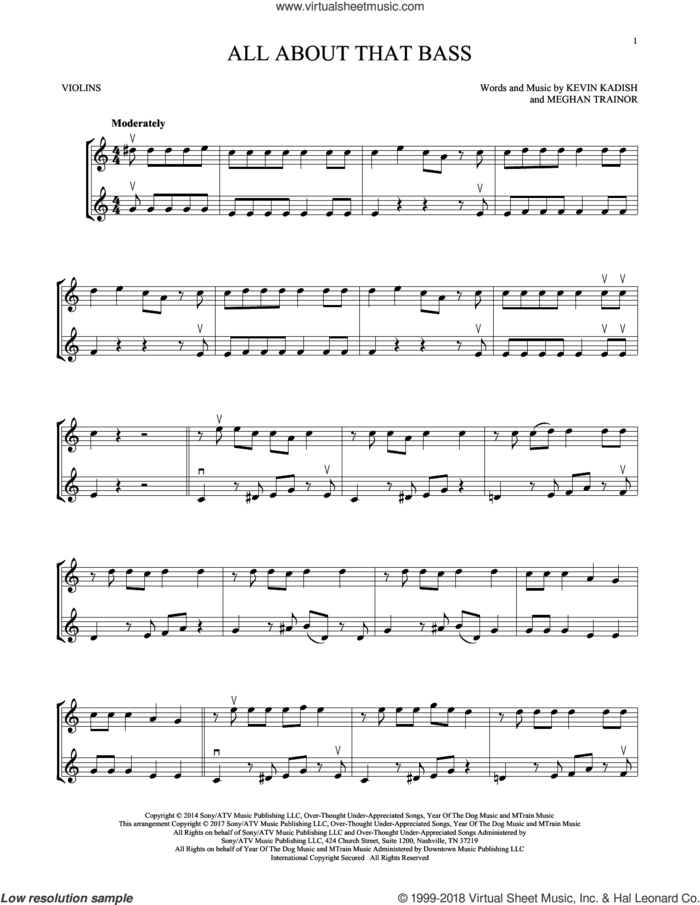 All About That Bass sheet music for two violins (duets, violin duets) by Meghan Trainor and Kevin Kadish, intermediate skill level