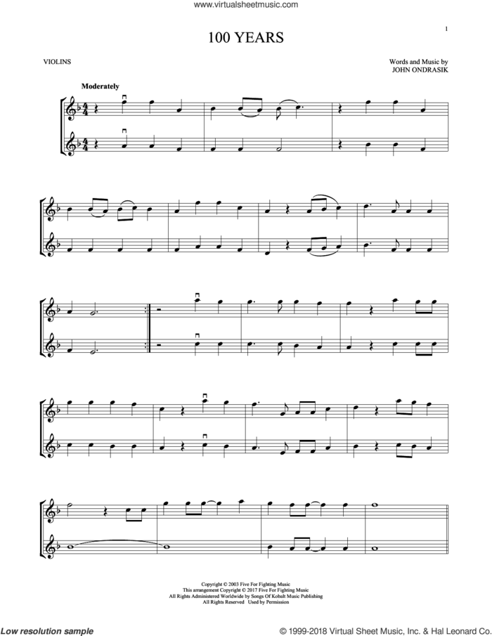 100 Years sheet music for two violins (duets, violin duets) by Five For Fighting and John Ondrasik, intermediate skill level