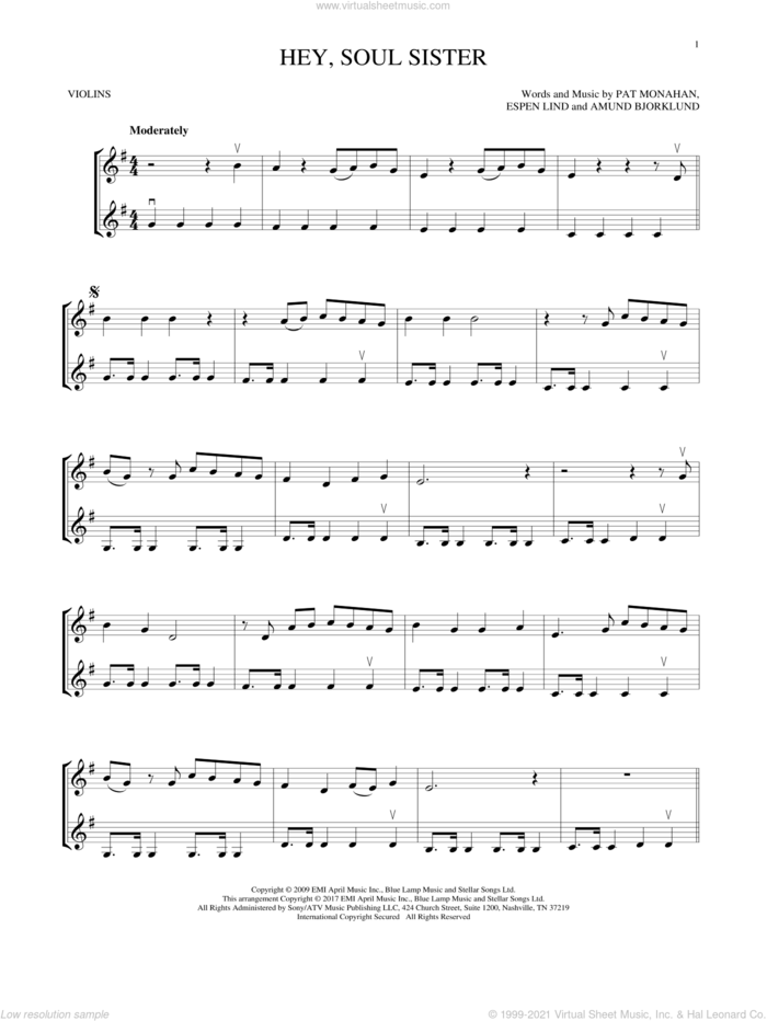 Hey, Soul Sister sheet music for two violins (duets, violin duets) by Train, Amund Bjorklund, Espen Lind and Pat Monahan, intermediate skill level