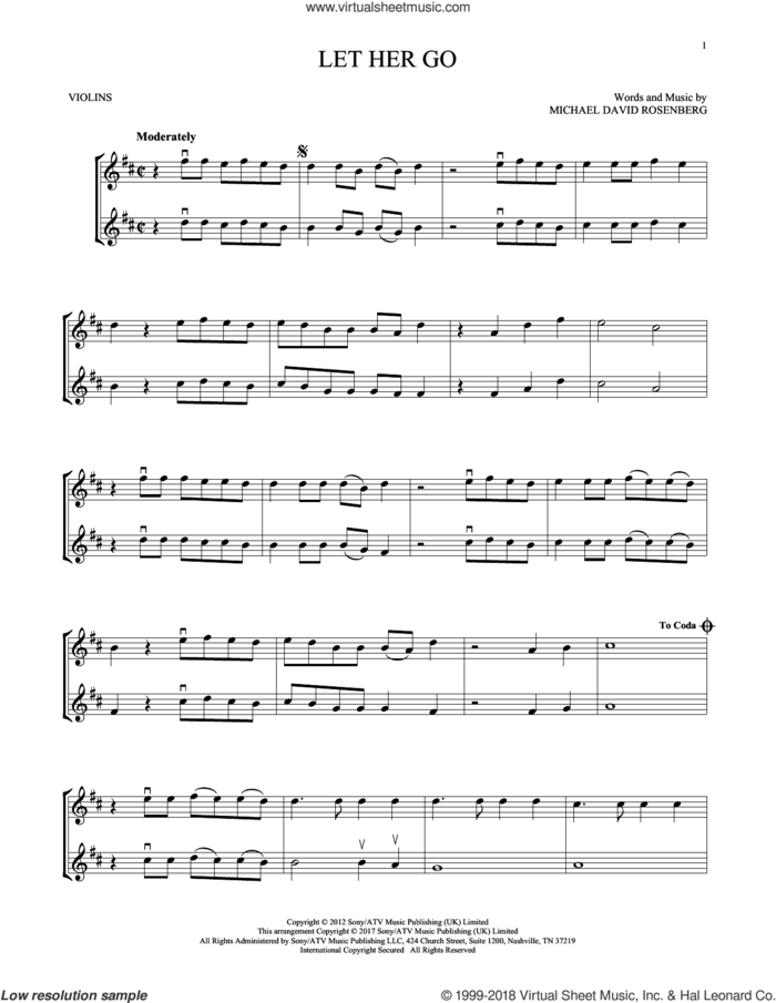 Let Her Go sheet music for two violins (duets, violin duets) by Passenger and Michael David Rosenberg, intermediate skill level