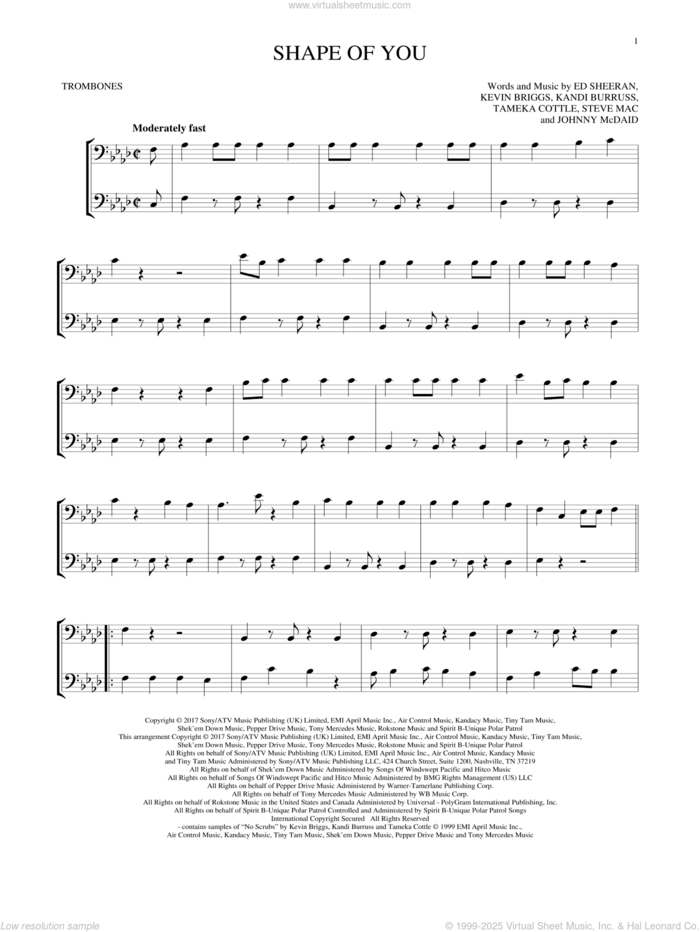 Shape Of You sheet music for two trombones (duet, duets) by Ed Sheeran, Johnny McDaid, Kandi Burruss, Kevin Briggs, Steve Mac and Tameka Cottle, intermediate skill level