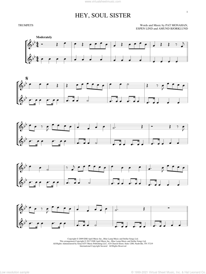Hey, Soul Sister sheet music for two trumpets (duet, duets) by Train, Amund Bjorklund, Espen Lind and Pat Monahan, intermediate skill level