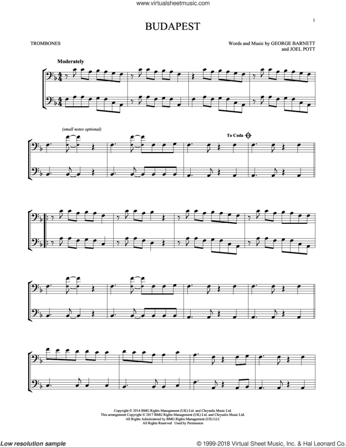 Budapest sheet music for two trombones (duet, duets) by George Ezra, George Barnett and Joel Pott, intermediate skill level