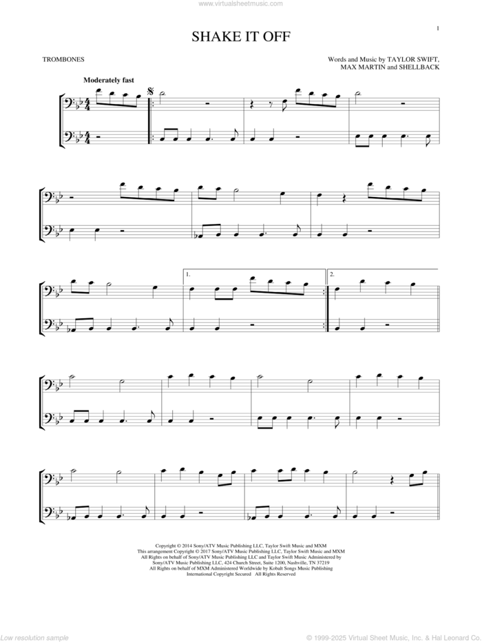 Shake It Off sheet music for two trombones (duet, duets) by Taylor Swift, Johan Schuster, Max Martin and Shellback, intermediate skill level