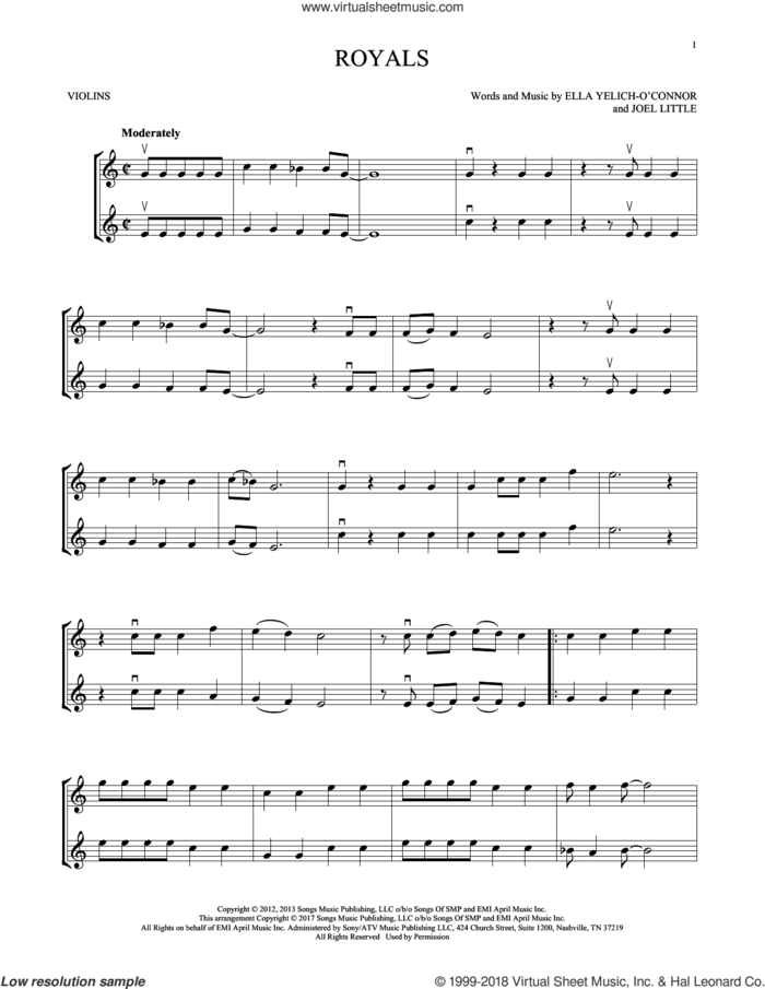 Royals sheet music for two violins (duets, violin duets) by Lorde and Joel Little, intermediate skill level