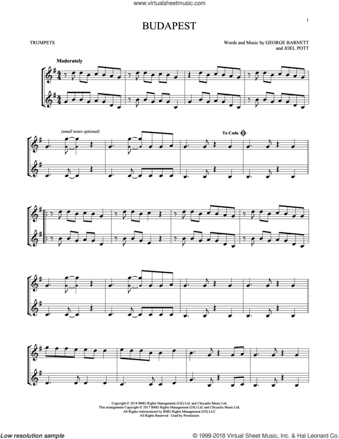Budapest sheet music for two trumpets (duet, duets) by George Ezra, George Barnett and Joel Pott, intermediate skill level