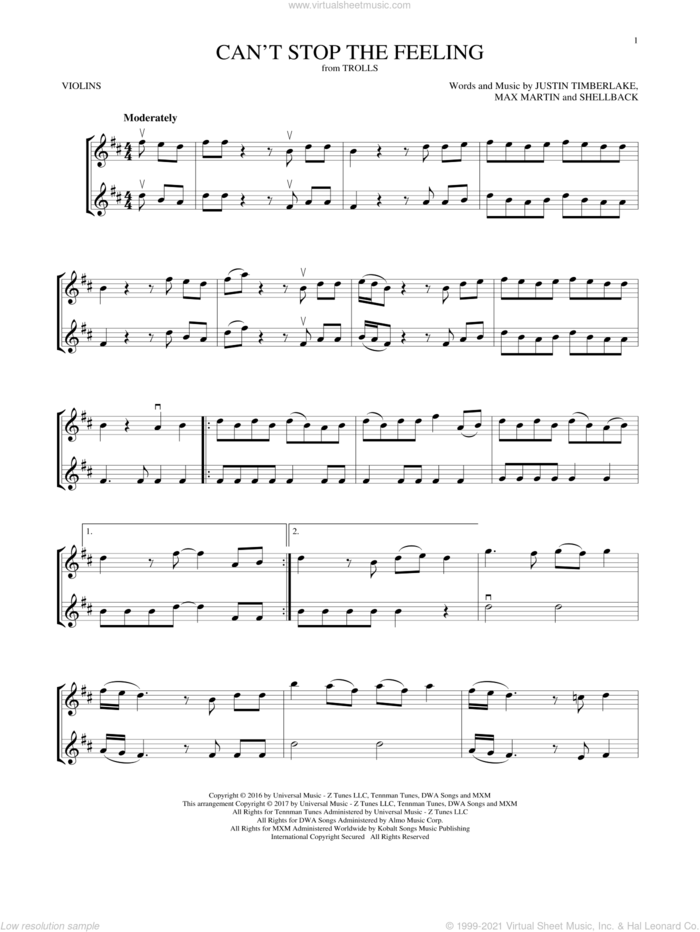 Can't Stop The Feeling sheet music for two violins (duets, violin duets) by Justin Timberlake, Johan Schuster, Max Martin and Shellback, intermediate skill level