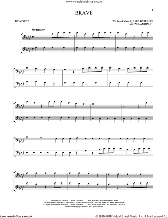 Brave sheet music for two trombones (duet, duets) by Sara Bareilles and Jack Antonoff, intermediate skill level