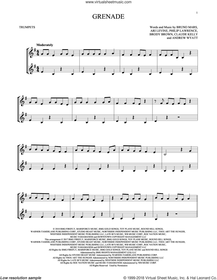 Grenade sheet music for two trumpets (duet, duets) by Bruno Mars, Andrew Wyatt, Ari Levine, Brody Brown, Claude Kelly and Philip Lawrence, intermediate skill level