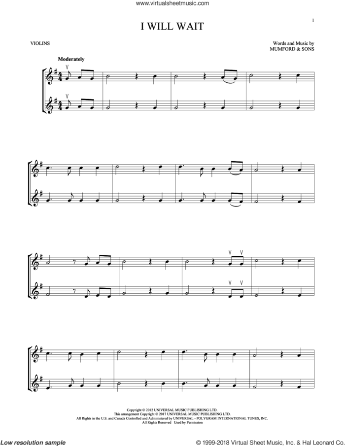 I Will Wait sheet music for two violins (duets, violin duets) by Mumford & Sons, intermediate skill level