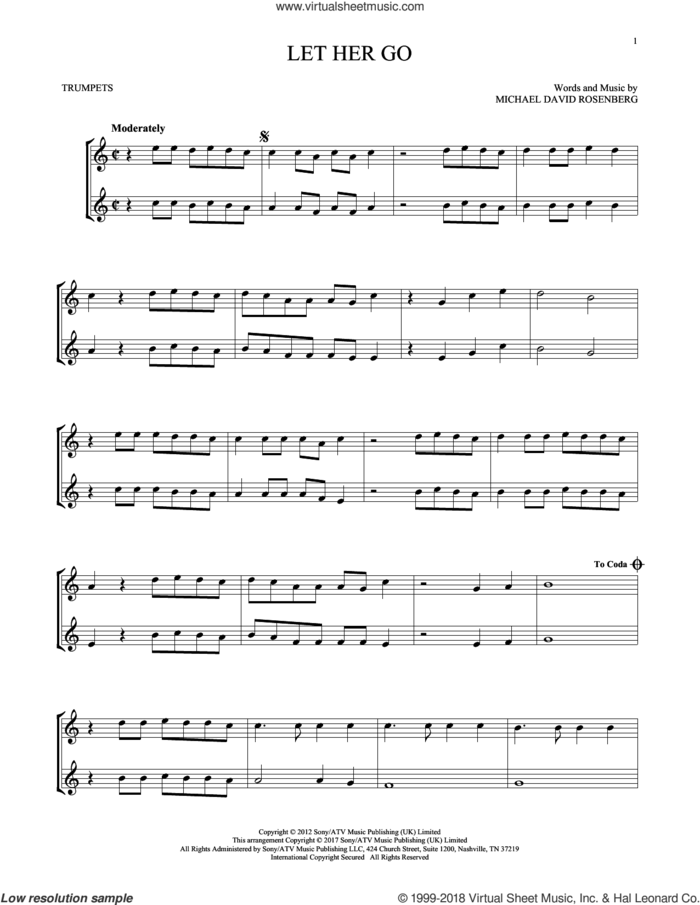 Let Her Go sheet music for two trumpets (duet, duets) by Passenger and Michael David Rosenberg, intermediate skill level