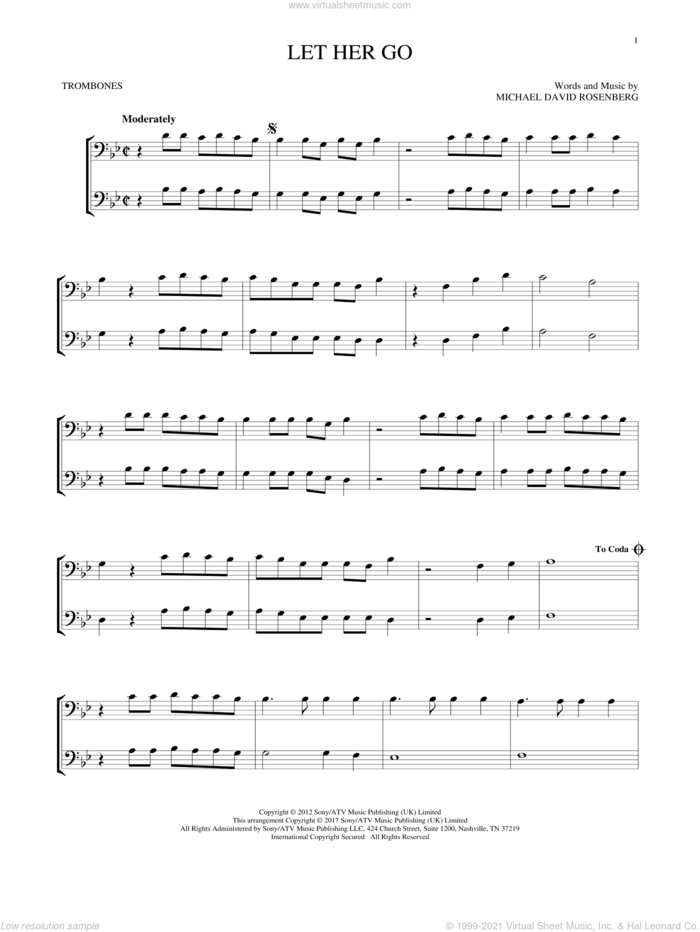Let Her Go sheet music for two trombones (duet, duets) by Passenger and Michael David Rosenberg, intermediate skill level