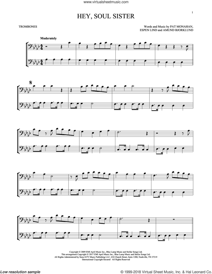 Hey, Soul Sister sheet music for two trombones (duet, duets) by Train, Amund Bjorklund, Espen Lind and Pat Monahan, intermediate skill level