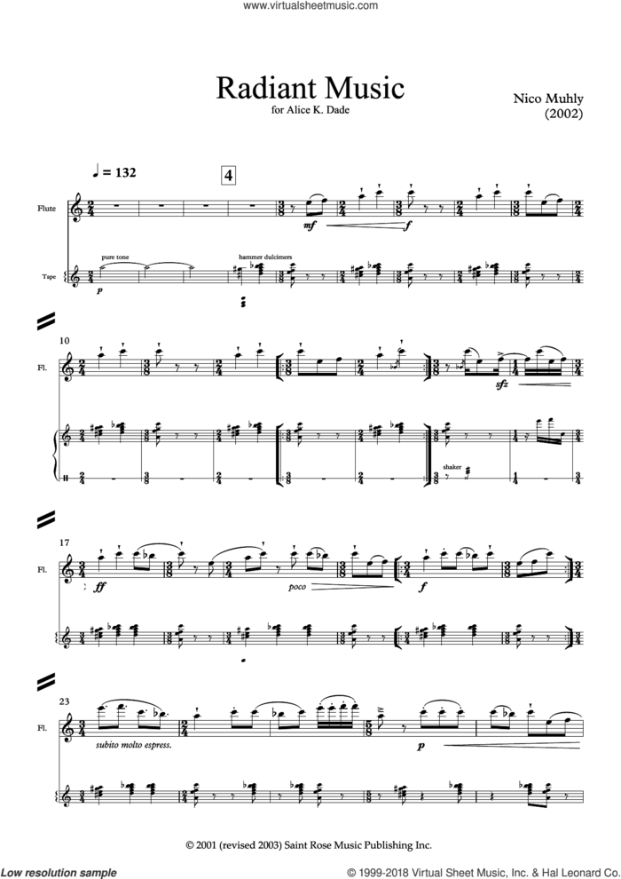 Radiant Music (for flute and electronics) sheet music for flute solo by Nico Muhly, classical score, intermediate skill level