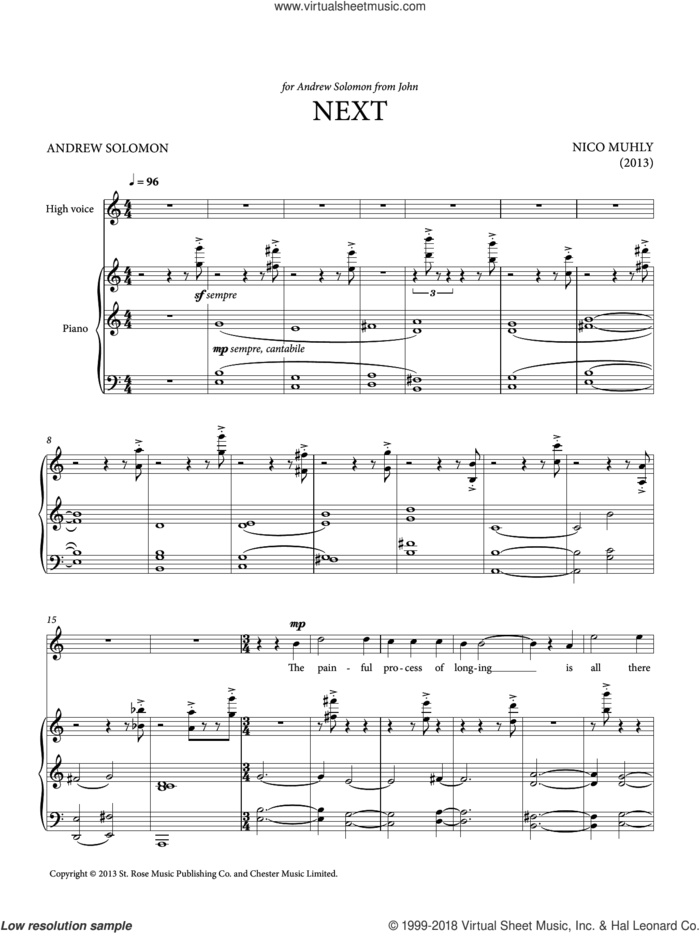 Next sheet music for voice and piano (High Voice) by Nico Muhly, classical score, intermediate skill level