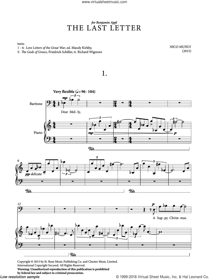 The Last Letter sheet music for voice and piano (Baritone) by Nico Muhly, classical score, intermediate skill level