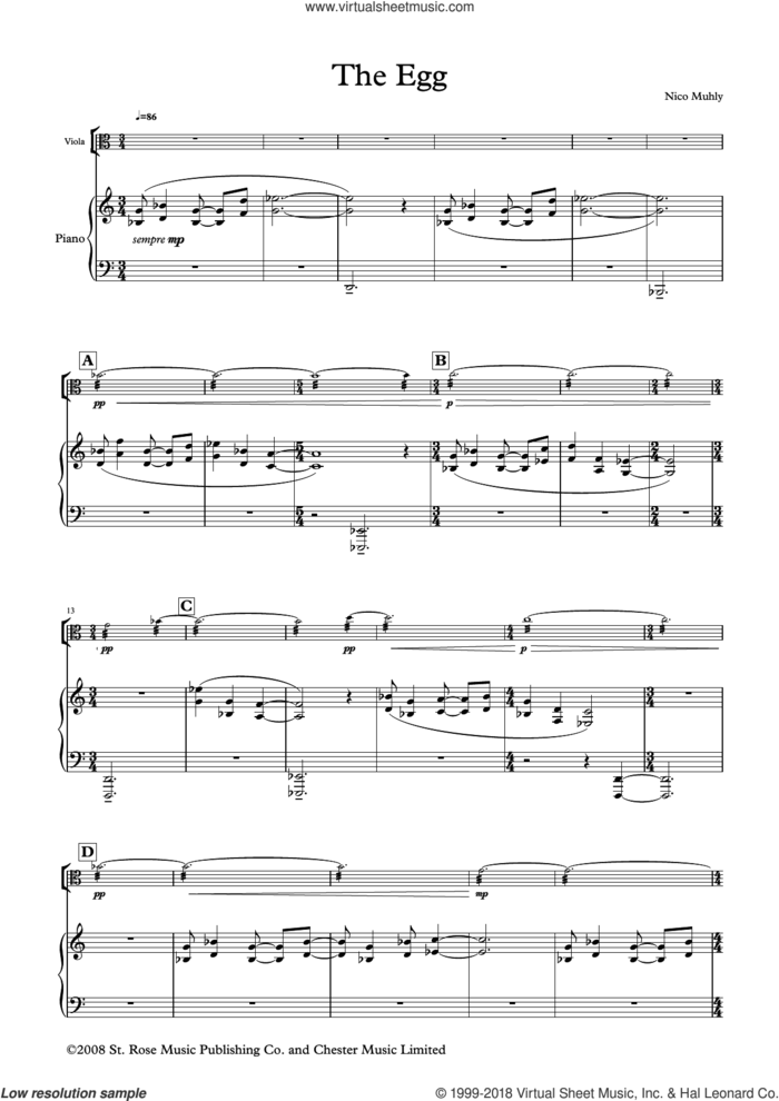 The Reader: Three Arrangements for Viola and Piano (score and parts) sheet music for viola solo by Nico Muhly, classical score, intermediate skill level