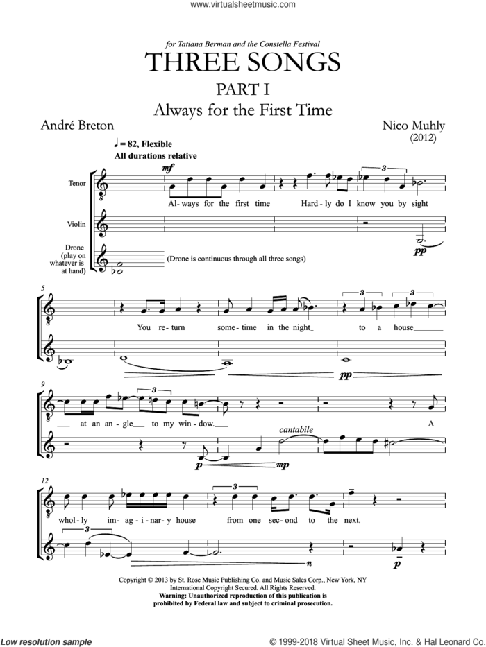 Three Songs for Tenor, Violin and Drone sheet music for violin solo by Nico Muhly, classical score, intermediate skill level
