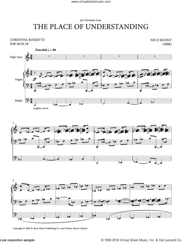 The Place Of Understanding (for High Voice and Organ) sheet music for voice and piano by Nico Muhly, classical score, intermediate skill level