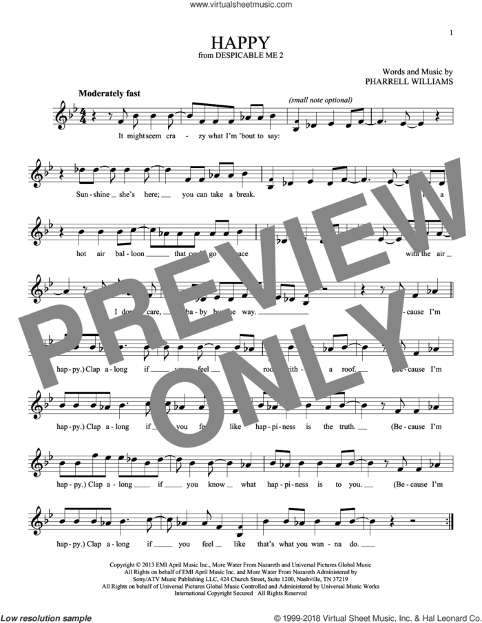 Happy sheet music for ocarina solo by Pharrell Williams and Pharrell, intermediate skill level