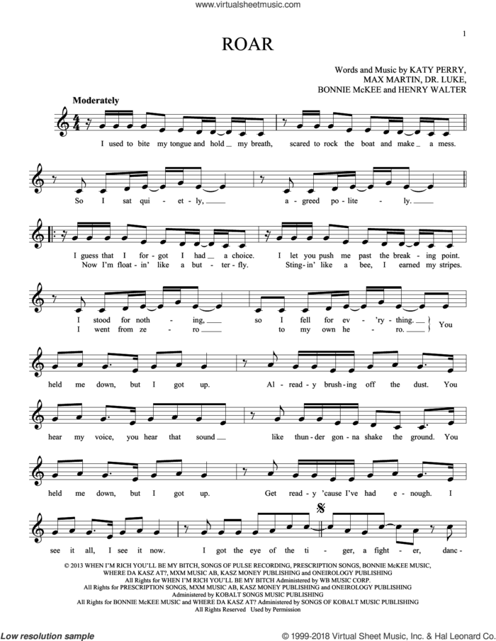 Roar sheet music for ocarina solo by Katy Perry, Bonnie McKee, Dr. Luke, Henry Walter and Max Martin, intermediate skill level