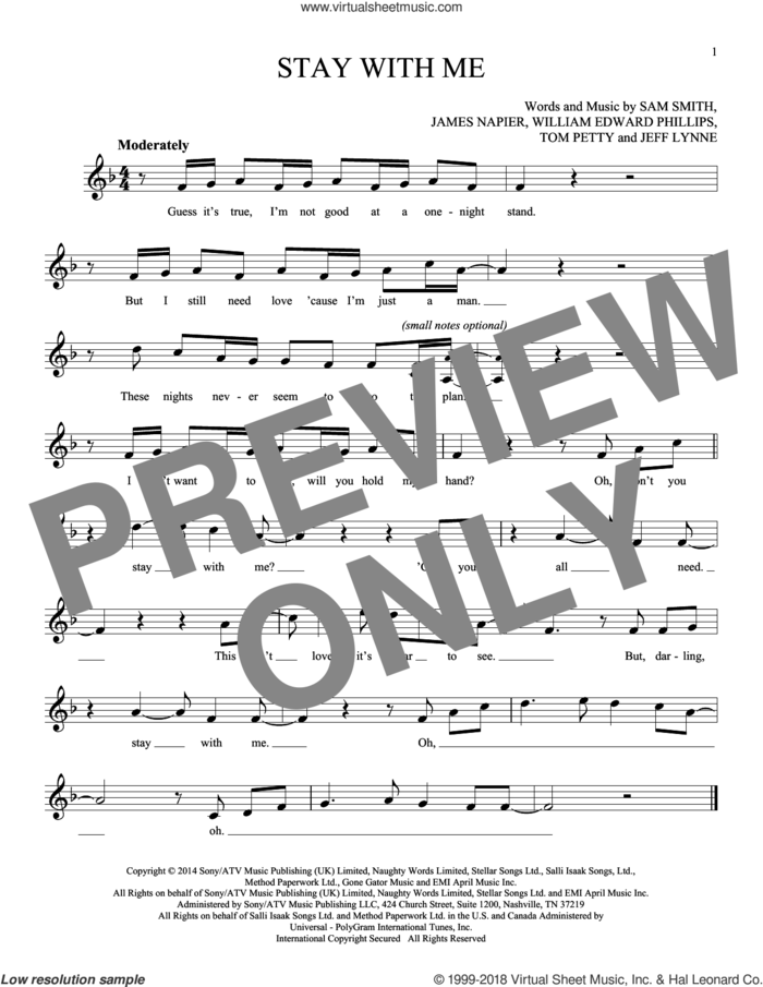 Stay With Me sheet music for ocarina solo by Sam Smith, James Napier, Jeff Lynne, Tom Petty and William Edward Phillips, intermediate skill level