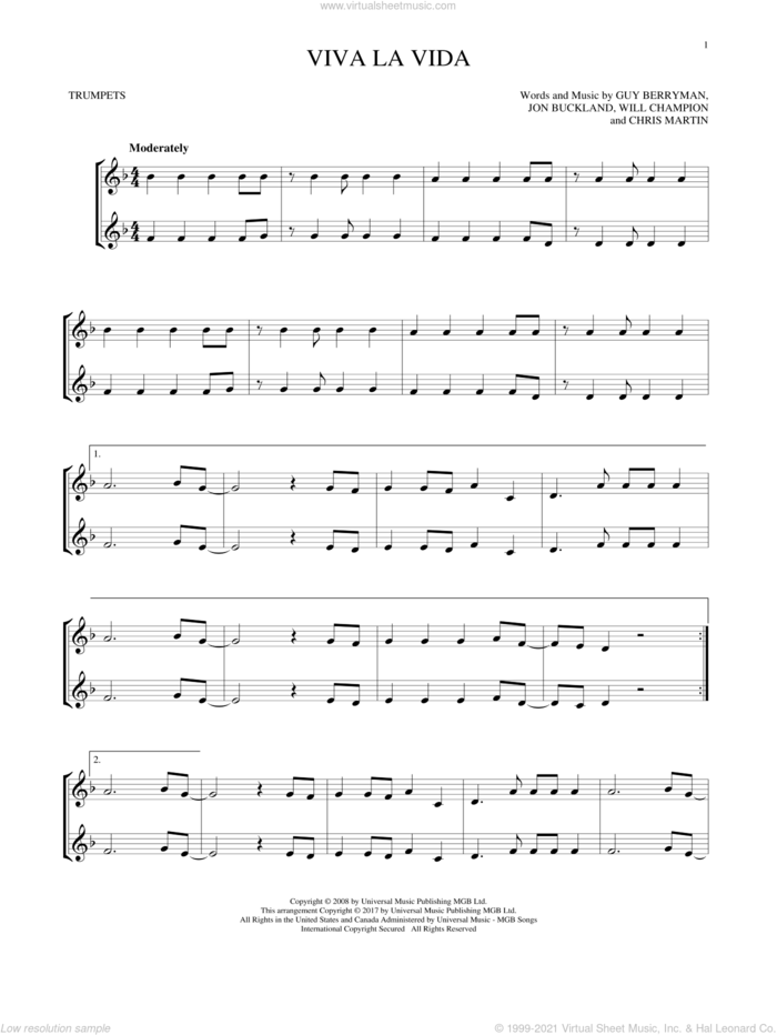 Viva La Vida sheet music for two trumpets (duet, duets) by Coldplay, Chris Martin, Guy Berryman, Jon Buckland and Will Champion, intermediate skill level