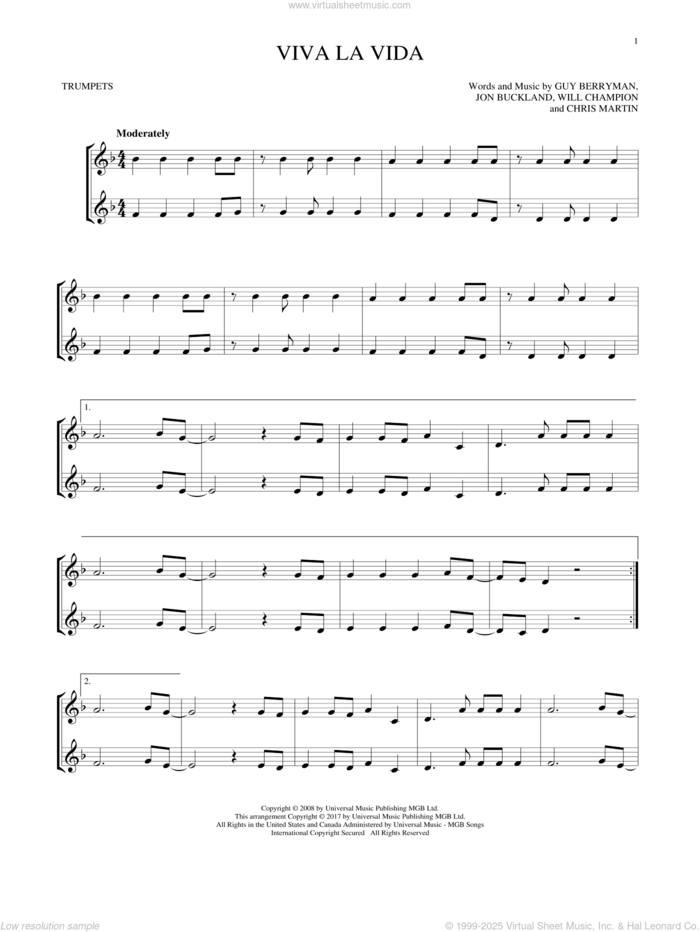 Viva La Vida sheet music for two trumpets (duet, duets) by Coldplay, Chris Martin, Guy Berryman, Jon Buckland and Will Champion, intermediate skill level