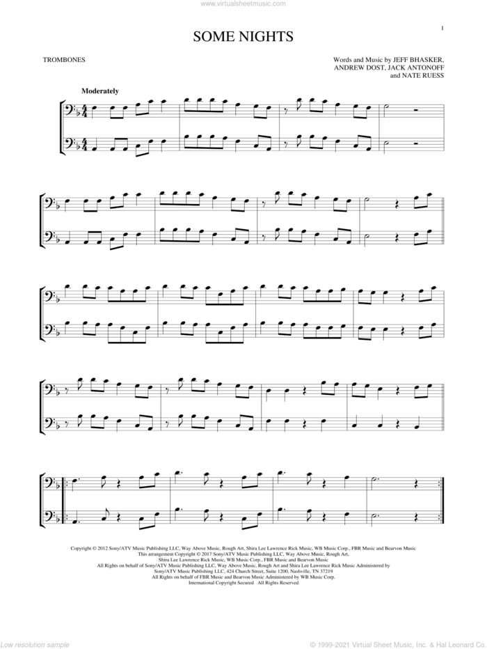 Some Nights sheet music for two trombones (duet, duets) by Jeff Bhasker, Fun, Andrew Dost, Jack Antonoff and Nate Ruess, intermediate skill level