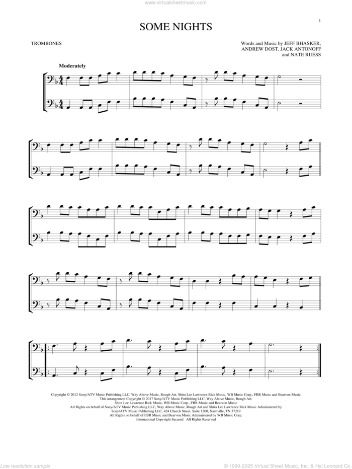 Some Nights sheet music for two trombones (duet, duets) by Jeff Bhasker, Fun, Andrew Dost, Jack Antonoff and Nate Ruess, intermediate skill level