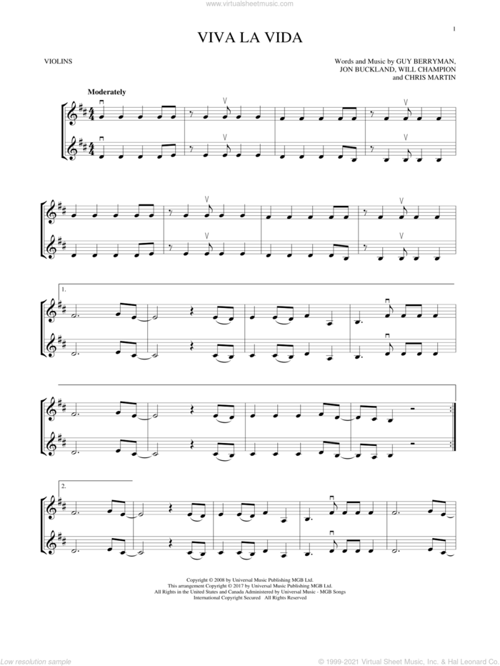 Viva La Vida sheet music for two violins (duets, violin duets) by Guy Berryman, Coldplay, Chris Martin, Jon Buckland and Will Champion, intermediate skill level