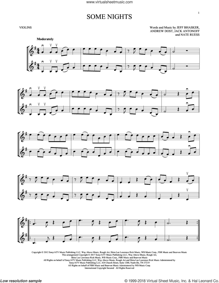 Some Nights sheet music for two violins (duets, violin duets) by Jeff Bhasker, Fun, Andrew Dost, Jack Antonoff and Nate Ruess, intermediate skill level