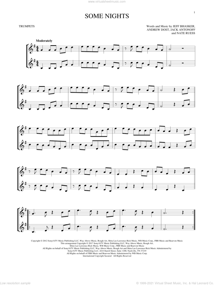 Some Nights sheet music for two trumpets (duet, duets) by Jeff Bhasker, Fun, Andrew Dost, Jack Antonoff and Nate Ruess, intermediate skill level