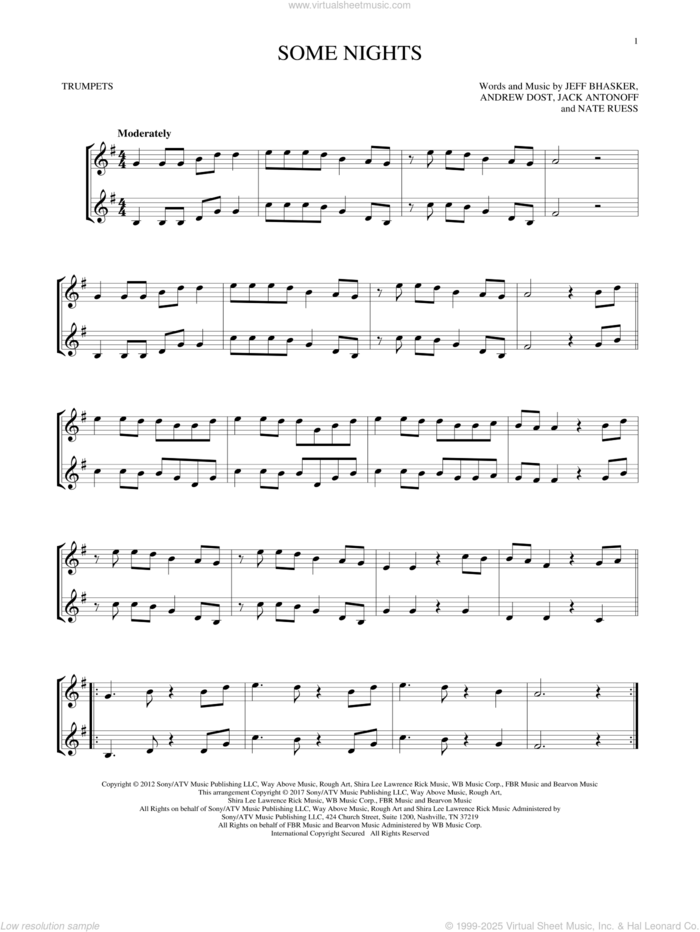 Some Nights sheet music for two trumpets (duet, duets) by Jeff Bhasker, Fun, Andrew Dost, Jack Antonoff and Nate Ruess, intermediate skill level