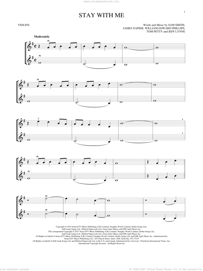 Stay With Me sheet music for two violins (duets, violin duets) by Sam Smith, James Napier, Jeff Lynne, Tom Petty and William Edward Phillips, intermediate skill level