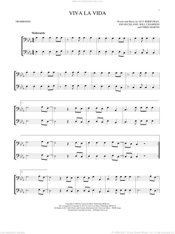 Viva La Vida sheet music for two trombones (duet, duets) by Guy Berryman, Coldplay, Chris Martin, Jon Buckland and Will Champion, intermediate skill level