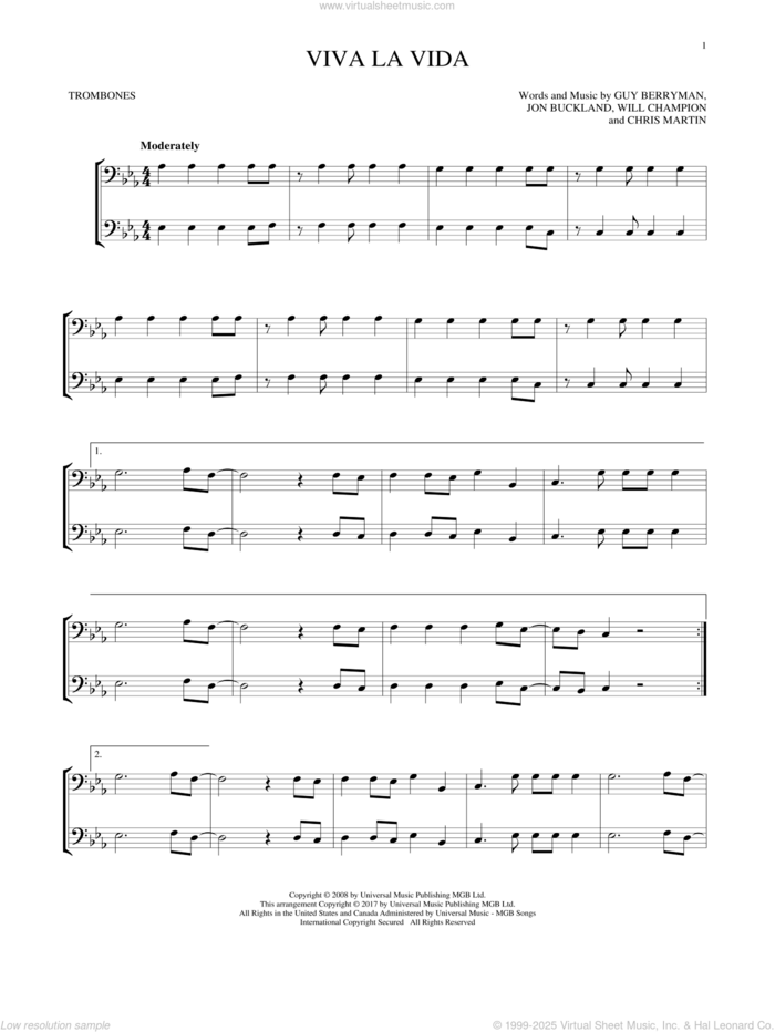 Viva La Vida sheet music for two trombones (duet, duets) by Guy Berryman, Coldplay, Chris Martin, Jon Buckland and Will Champion, intermediate skill level