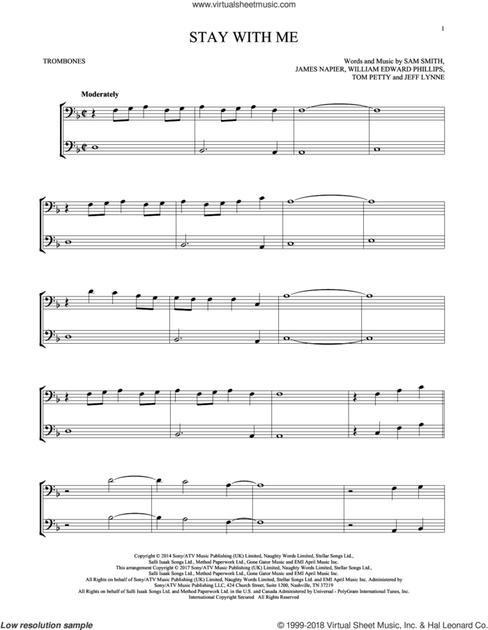 Stay With Me sheet music for two trombones (duet, duets) by Sam Smith, James Napier, Jeff Lynne, Tom Petty and William Edward Phillips, intermediate skill level