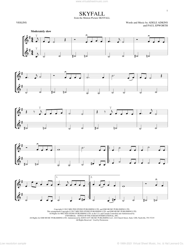 Skyfall sheet music for two violins (duets, violin duets) by Adele, Adele Adkins and Paul Epworth, intermediate skill level