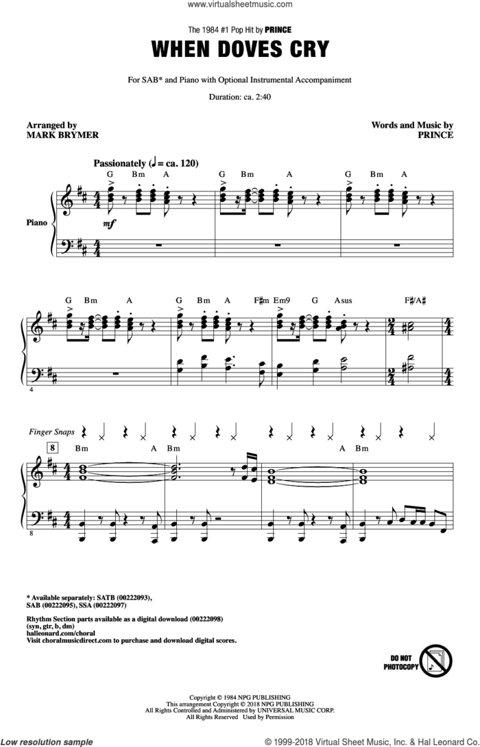 When Doves Cry sheet music for choir (SAB: soprano, alto, bass) by Prince and Mark Brymer, intermediate skill level